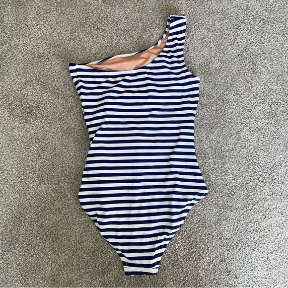 J. Crew Sleek Ruched One Shoulder Bathing Suit in Stripe 6 Dark Midnight NEW - Picture 5 of 8